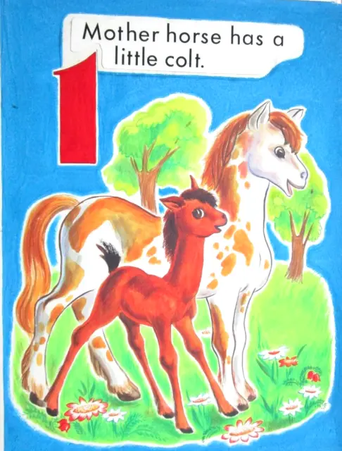1950s HORSE - COUNT THE ANIMALS ORIGINAL drawing art CHILDREN'S BOOK PAINTING