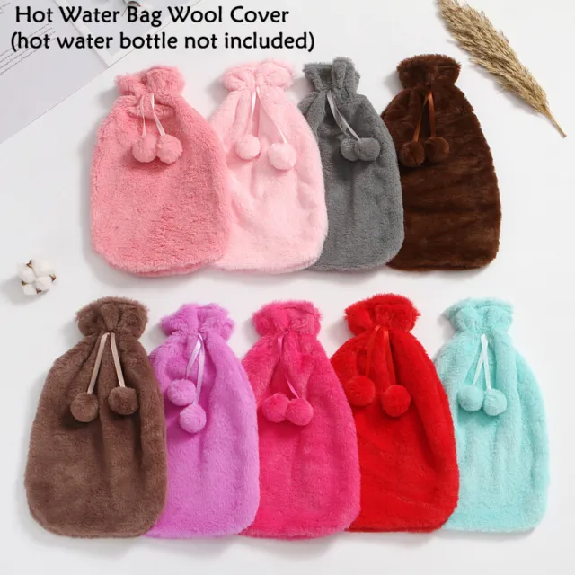 Large Natural Rubber Hot Water Bottle With Warm Faux Fur Fluffy Pom Pom Cover 2L