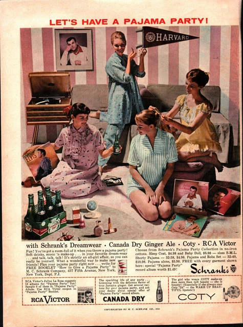 1957 Schrank's Dreamwear Ad Pajama Party Canada Dry RCA Coty Canister Set sexy