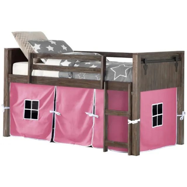 Donco Kids Twin Solid Wood Barn Door Loft Bed with Pink Tent in Brushed Shadow