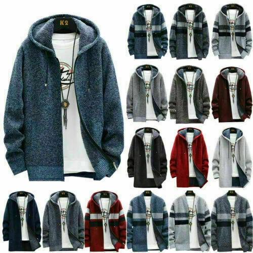 Men Drawstring Thick Warm Fleece Lined Hoodie Zip Coat Jacket Sweatshirt Top#