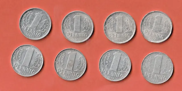 8 Münzen  DDR  1  Pfennig   1965 3x 1968 2x1980  1982 1985   Al  Sehr Schön