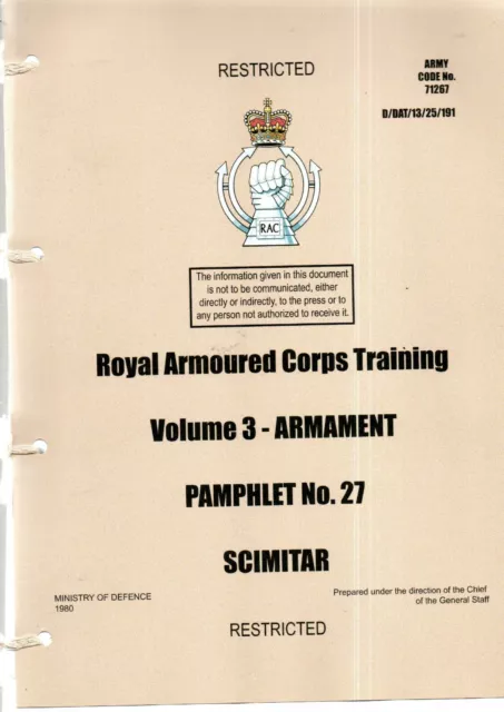 ROYAL ARMOURED CORPS TRAINING VOL 3 ARMAMENT PAMPHLET No 27 SCIMITAR EX COND