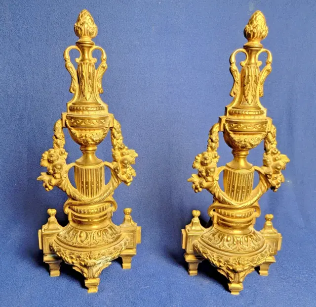 Antique 19th century pair French Louis XVI style Gilt brass or bronze andirons