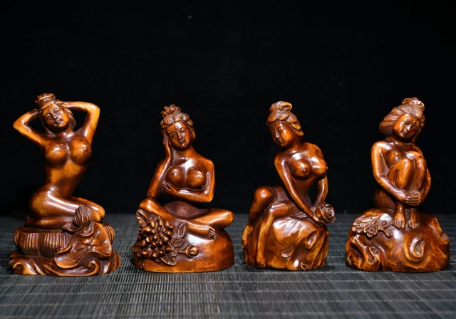 Old Chinese Natural Boxwood Hand carved Four beauties Exquisite Statues