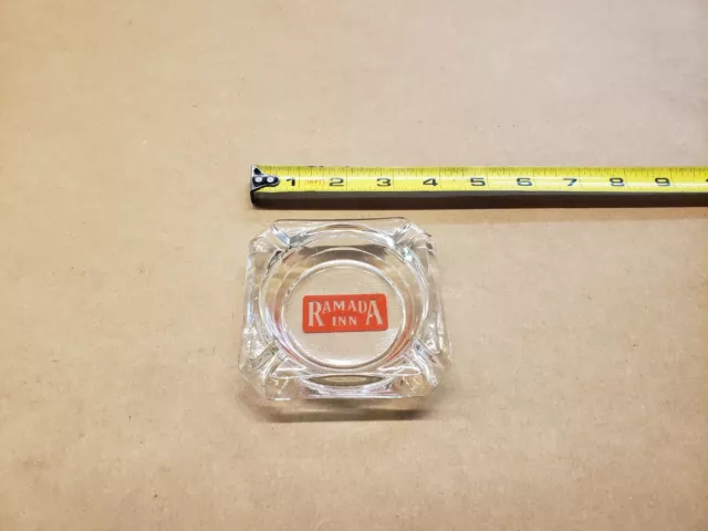 Vintage 1970’s Ramada Inn Hotel Motel Square Clear Glass Ashtray Advertising