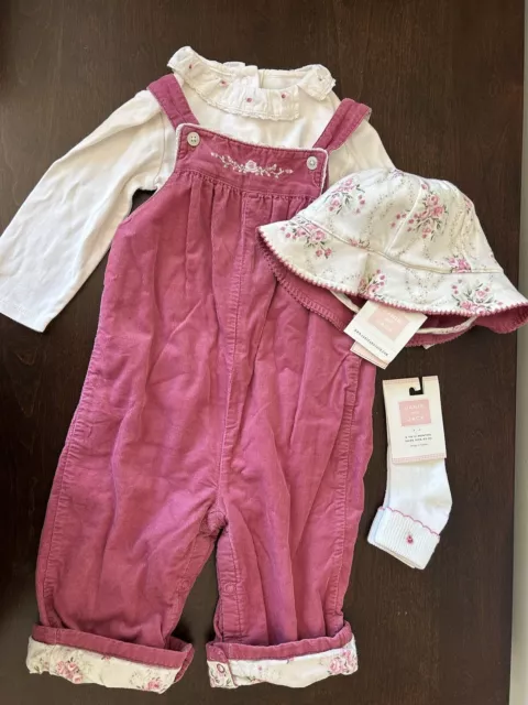 Janie Jack Baby girl 6-12 months Pink Corduroy flower overalls outfit hat socks