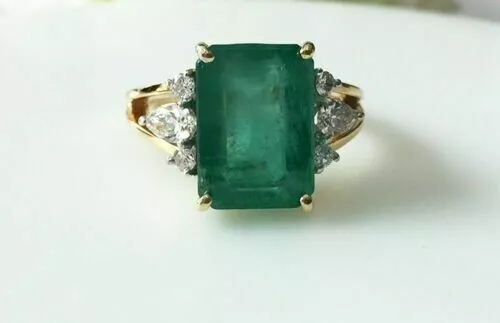 14K Yellow Gold FN Lab-Created 3CT Colombian Emerald & Diamond Vintage Ring Gift