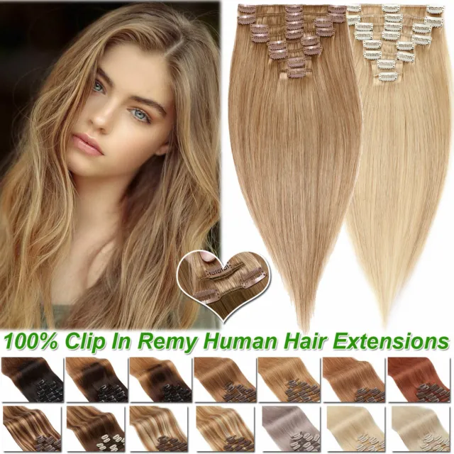 100% Real Russian Clip in Remy Human Hair Extensions 8 Pieces Full Head Blonde