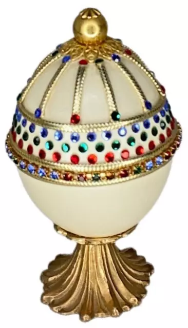 Bejeweled Trinket Box Faberge Inspired Hinged Egg Shape Hand Crafted Pedestal