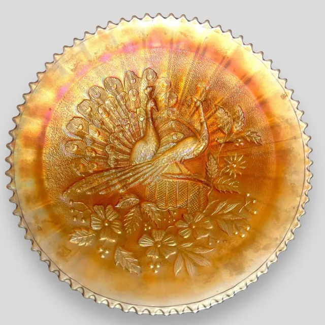 Rare Vintage Carnival Glass Fenton Pair Peacocks Marigold Bowl 9” Preloved Vgc