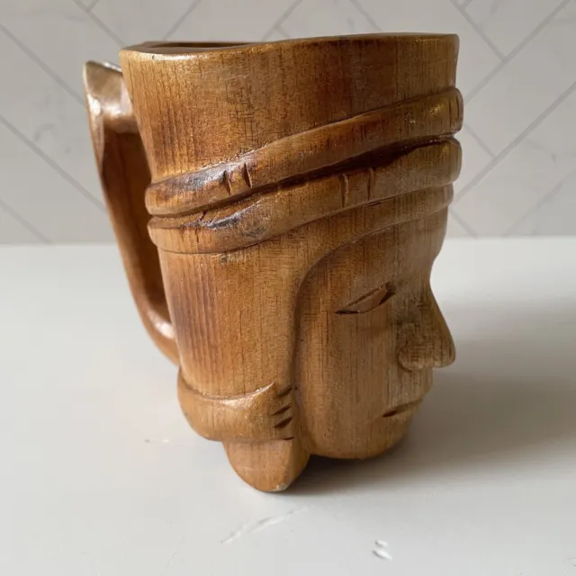 Vintage Tiki Wood Wooden Face Head Figural Mug Cup Hand Carved with Handle Small