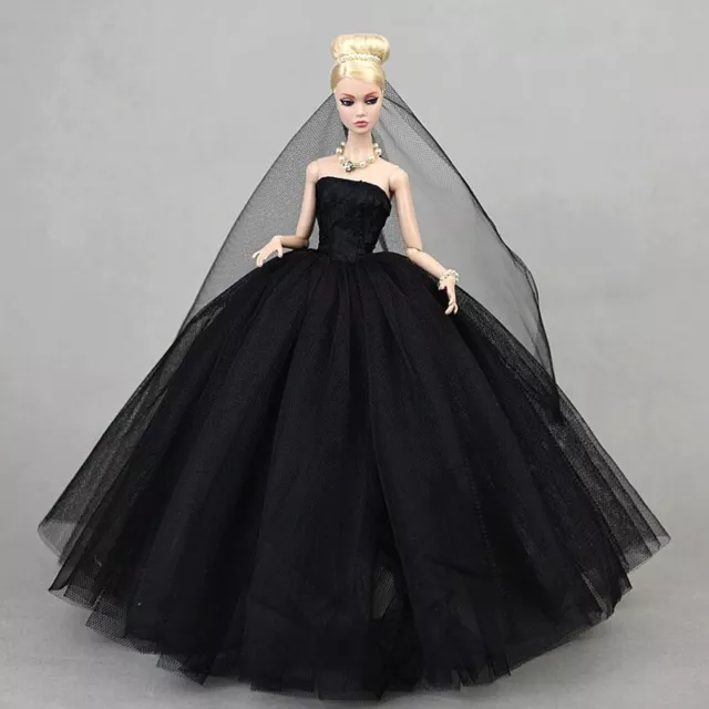 Black Wedding Dress for 11.5" Doll Outfits Clothes Handmade Long Gown Veils 1/6