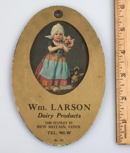 Vintage Cardboard Advertising Litho Dutch Girl Wm. Larson Dairy New Britain CT