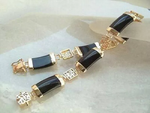 Genuine Black Agate Onyx Gold Plate Fortune Longevity Luck Clasp Bangle Bracelet