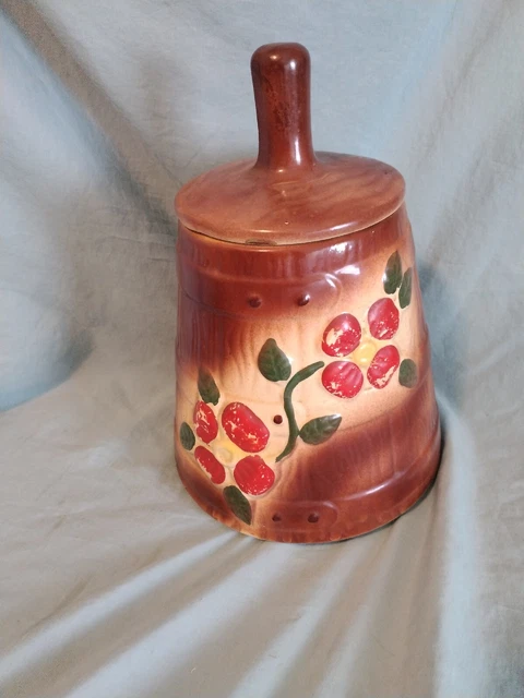 VINTAGE AMERICAN BISQUE Wooden Butter Churn Cookie Jar With Flowers