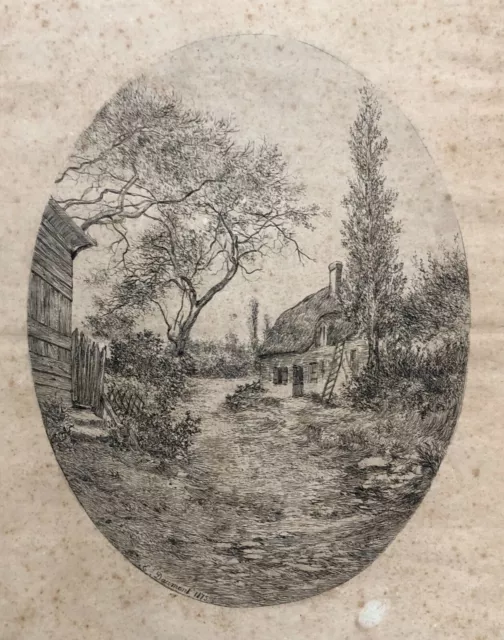 Gravure Ancienne Signée Emile DAUMONT, Paysage à La Chaumière, Fin XIXe