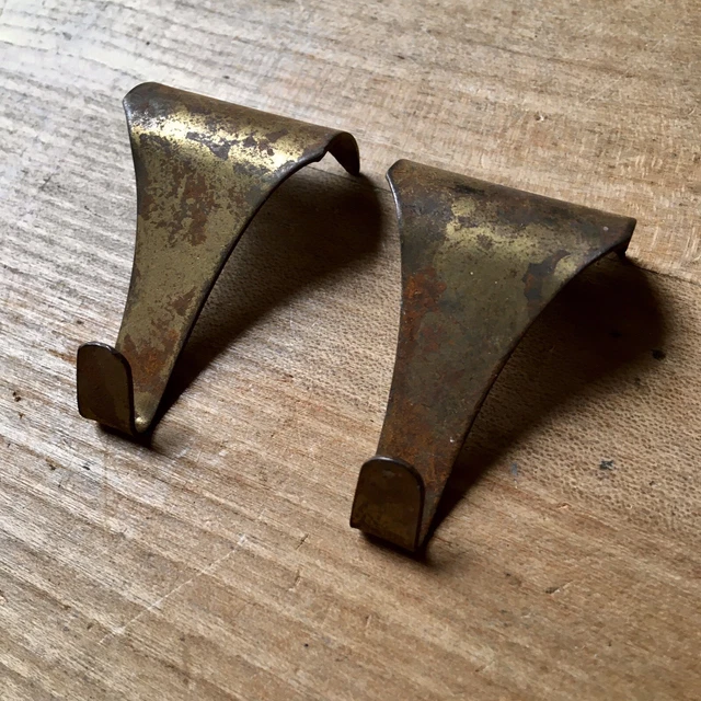 Pair Of Vintage Picture Rail Hooks Antique Old Reclaimed Brass Plate