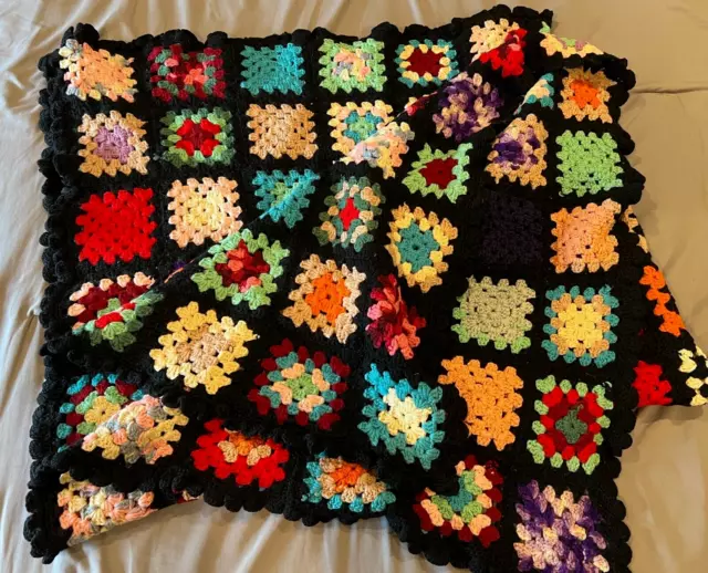 Vintage Hand Crochet Granny Squares Lap Blanket Black Retro 57" x 70"