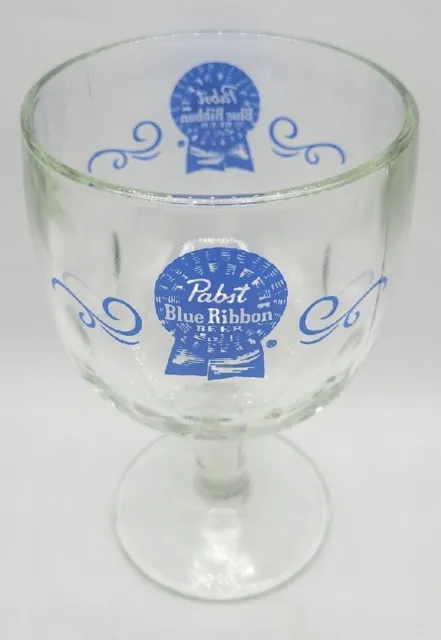 Vintage Pabst Blue Ribbon Thumbprint Footed Beer Goblet Barware Clear Glass 6"