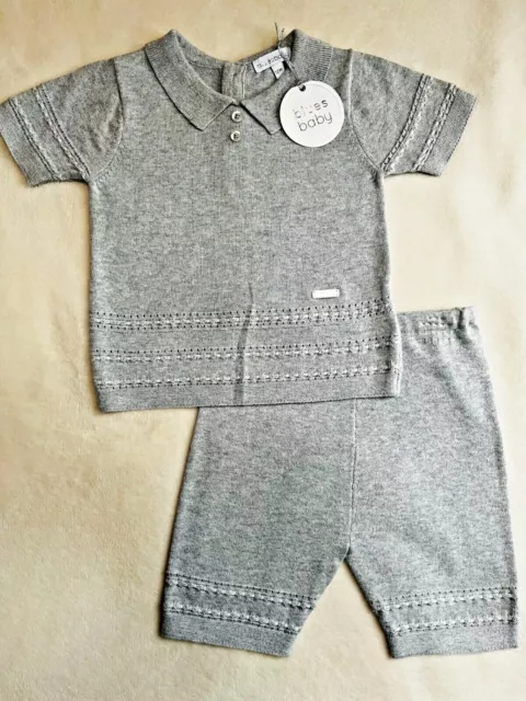 Blues Baby boy grey knitted 2 piece summer set shirt shorts