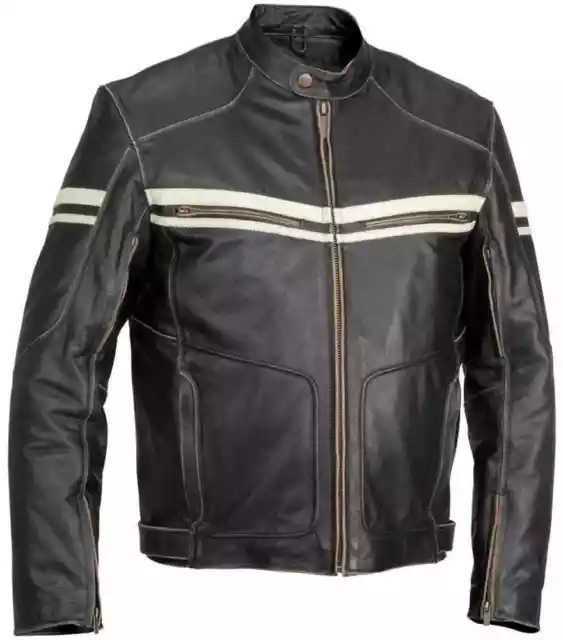 Hombre Negro Motorcycle Genuino Cuero Vacuno Vintage Chaqueta Con Rayas Blancas