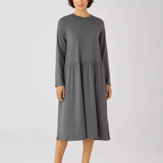Eileen Fisher size SMALL gray knit dress tencel blend shirred waist FREE SHIP