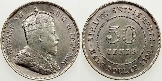 1908 Silver Coin Fifty Cents Half Dollar Straits Settlements Malaya Edward VII 1908 Silver Coin Fifty Cents Half Dollar Straits Settlements Malaya Edward VII