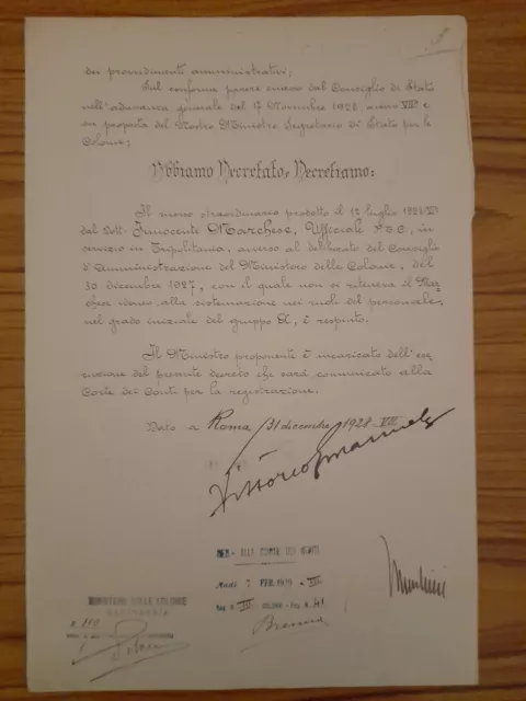 Autografo Mussolini Vittorio Emanuele Su Decreto Funzionario Colonie Mvsn Arditi Autografo Mussolini Vittorio Emanuele Su Decreto Funzionario Colonie Mvsn Arditi