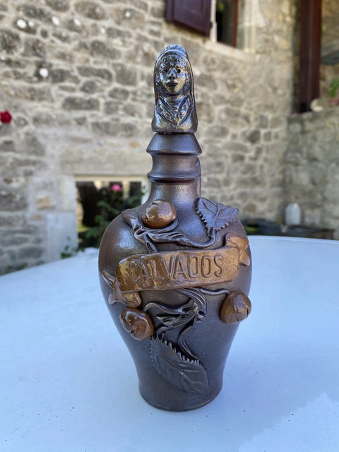 Ancienne Carafe En Grès - Bouteille Calvados Vintage - France Années 1970