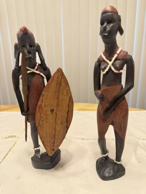 Vintage Hand Carved Ebony African Tribal Man And Woman Figurine Statues 9” Tall