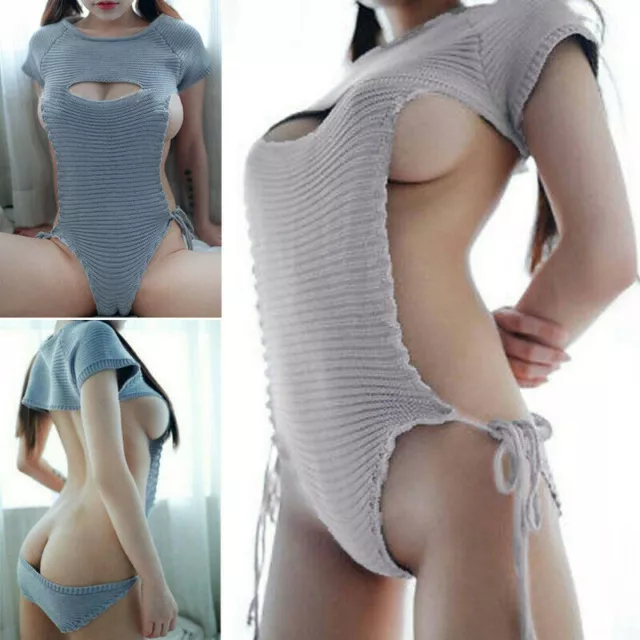 Sexy Lingerie Women Backless Dress Pullover Cosplay Knitted Sweater  Sleepwear