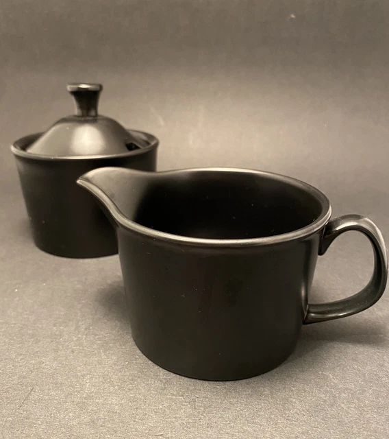 Wedgwood Satin Black Etruria & Barlaston Sugar Bowl & Creamer Jug MCM Vintage
