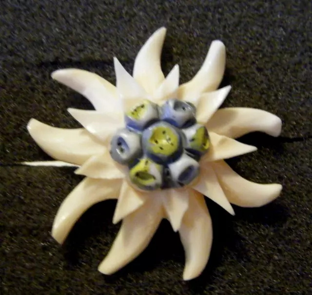antique 20s   Edelweiss flower carved celluloid beautiful pin brooch Germany