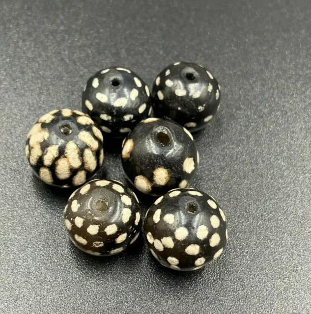 Antique Etched Painted Black Agate Pyu Culture Dzi Beads South East Asia Burma