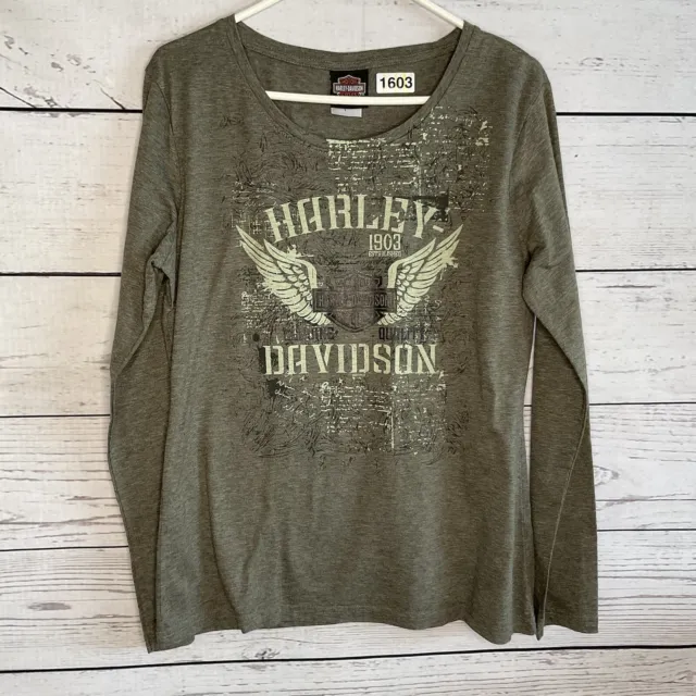 Harley Davidson Shirt Womens Large L  Green Top Motorcycle Long Sleeve Graphic