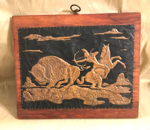 Vintage Hand hammered copper 'Buffalo & Native Warrior on Horse' mounted on wood