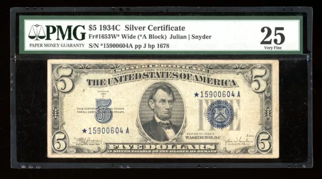 DBR $5 1934-C Silver STAR Fr. 1653W* Wide PMG 25 Serial *15900604A