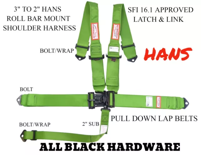 Hans Racing Harness Sfi 16.1 Latch & Link Roll Bar Mount 5 Point Lime Green