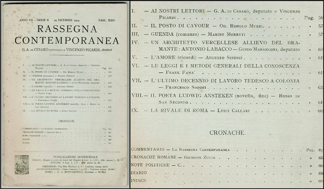 Rassegna Contemporanea   Il Posto Di Cavour   Antonio Labacco  25  Dicembre 1914