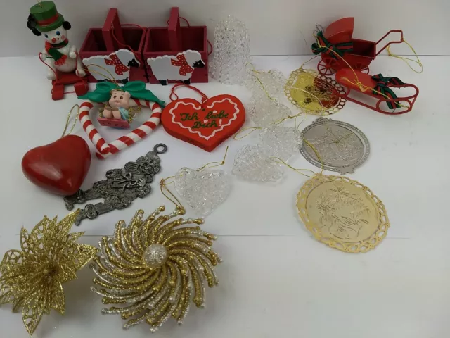 Vintage Christmas Ornaments Junk Drawer Lot Santa, Hearts, Wood, Glass, Metal