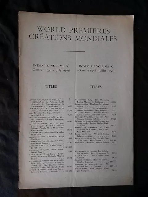 INTERNATIONAL THEATRE INSTITUTE WORLD PREMIER - INDEX TO VOL 10 OCT 1958 to JULY