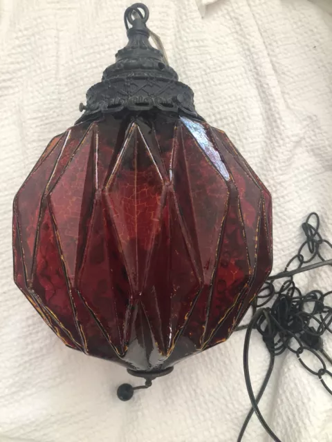 Vintage Hanging Swag Light Mid Century Red Glass Brass 60’s