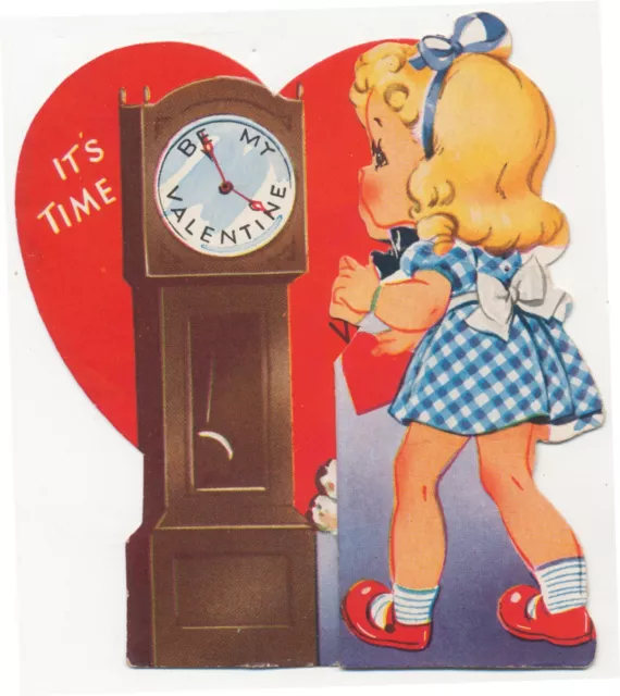 Girl Terrier Black & White Dog Grandfather Clock It's Time Vintage Valentine