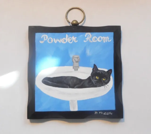 Black Cat Plaque Powder Room Wall Decor Hand Painted Sign