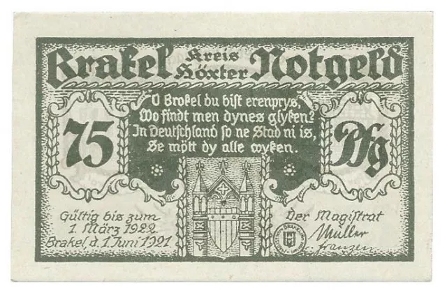 Notgeld - Brakel - Stadt Brakel - 75 Pfennig - 1921