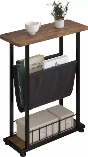 3 Tier Side Table with Magazine Holder, Industrial End Table with Open Storage,