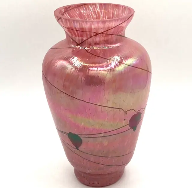 Hand Blown Art Glass Vase Pink Iridescent Hearts 7.75" Tall Happy Holidays