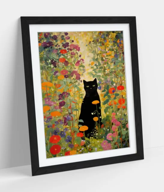 Gustav Klimt Black Cat In Wildflower Garden -Framed Wall Art Poster Paper Print