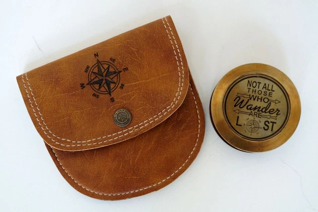 Antique Brass Maritime Wander Lost Hiking Pocket Compass With Leather Case Gift